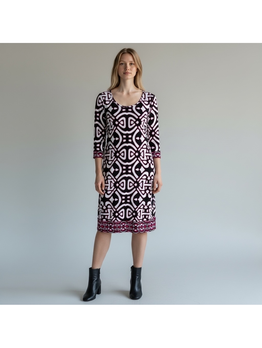 Laundry by Design Bold Black & Magenta Geometric Print Boat Neck Dress, Size 8P